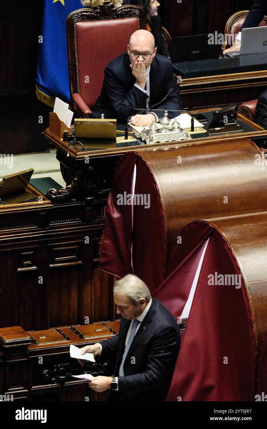 Roma, Italie. 05th Dec, 2024. Il Presidente della Camera Lorenzo Fontana in occasione della Seduta Comune del Parlamento per l' elezione di un giudice della Corte costituzionale. Camera dei Deputati a Roma, Gioved&#xec ; 05 Dicembre 2024 (foto Mauro Scrobogna/LaPresse) le Président de la Chambre Lorenzo Fontana à l'occasion de la session conjointe du Parlement pour l'élection d'un juge de la Cour constitutionnelle. Chambre des députés à Rome, jeudi 05 décembre 2024. (Photo de Mauro Scrobogna/LaPresse) crédit : LaPresse/Alamy Live News Banque D'Images