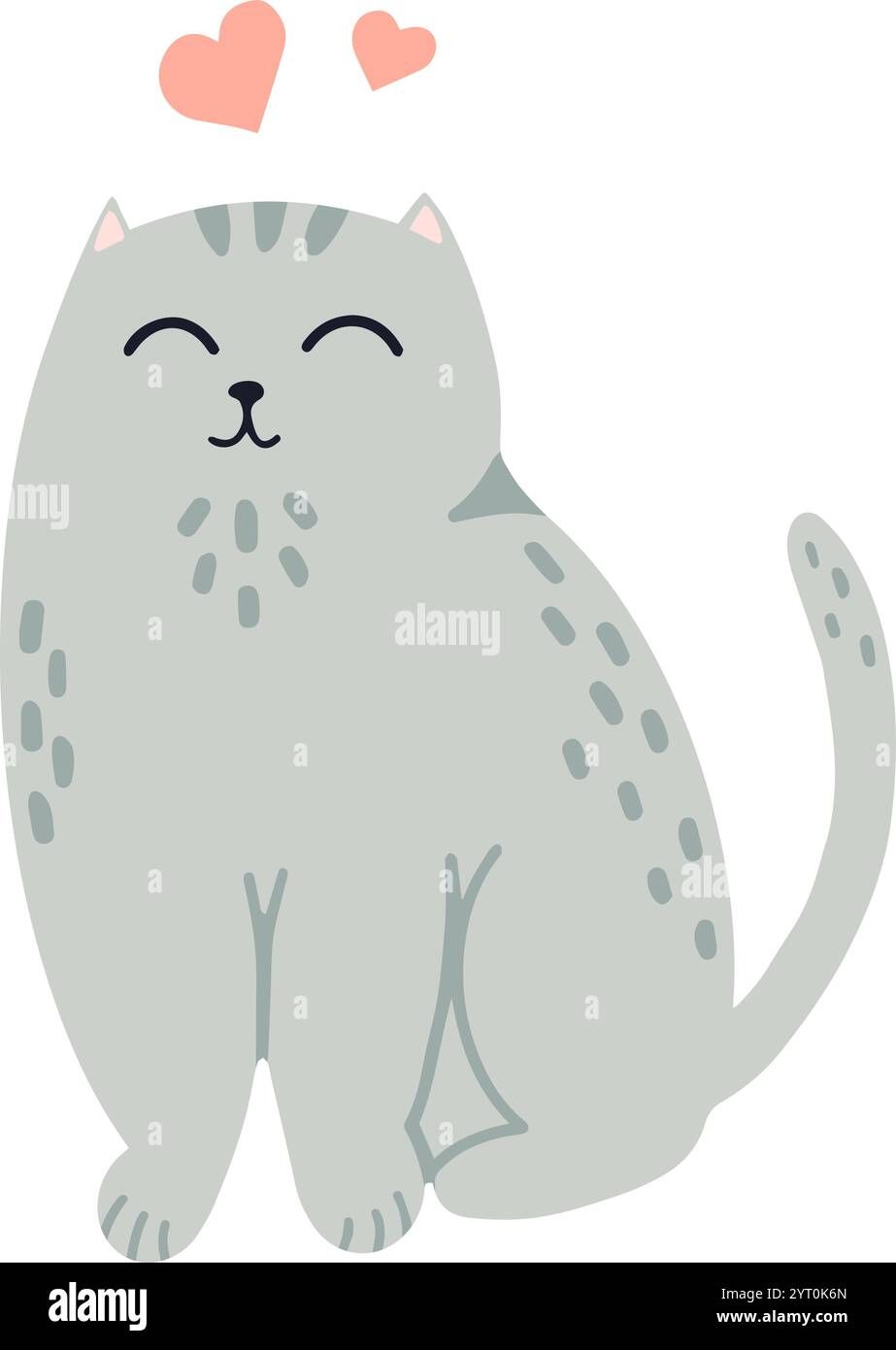 Charmante illustration vectorielle présente un chat gris mignon assis avec satisfaction, de petits coeurs flottant au-dessus de sa tête, symbolisant l'amour et l'affection dans un Illustration de Vecteur