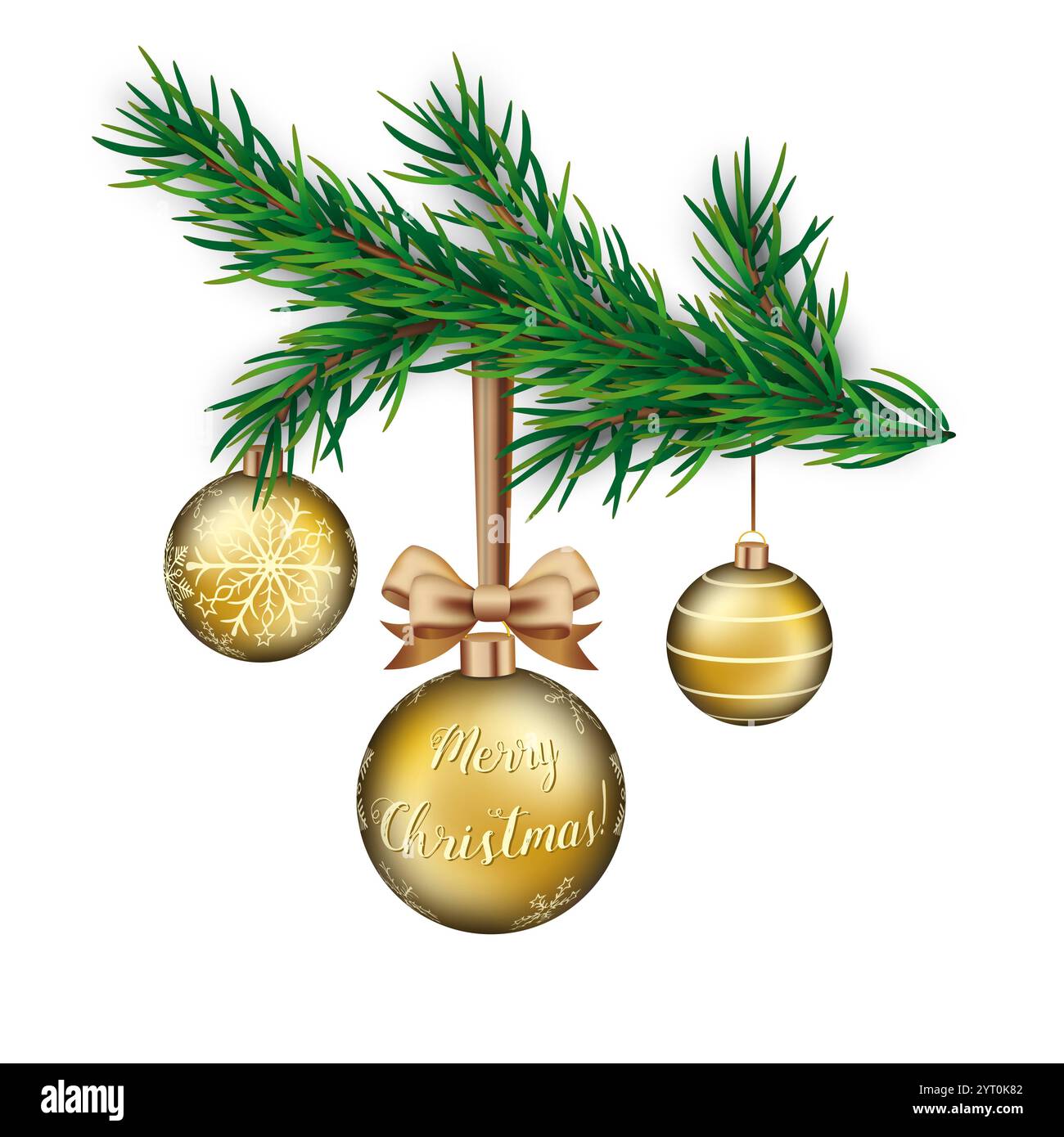 Green Fir Twig Golden boules Joyeux Noël sapin de Noël brindille avec des boules dorées et le texte Joyeux Noël. Banque D'Images