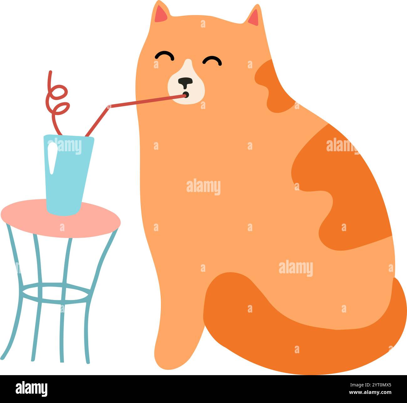 Illustration de dessin animé d'un chat orange mignon profitant d'une boisson rafraîchissante à travers une paille rouge, assis à côté d'une petite table avec un verre dessus, transportant Illustration de Vecteur