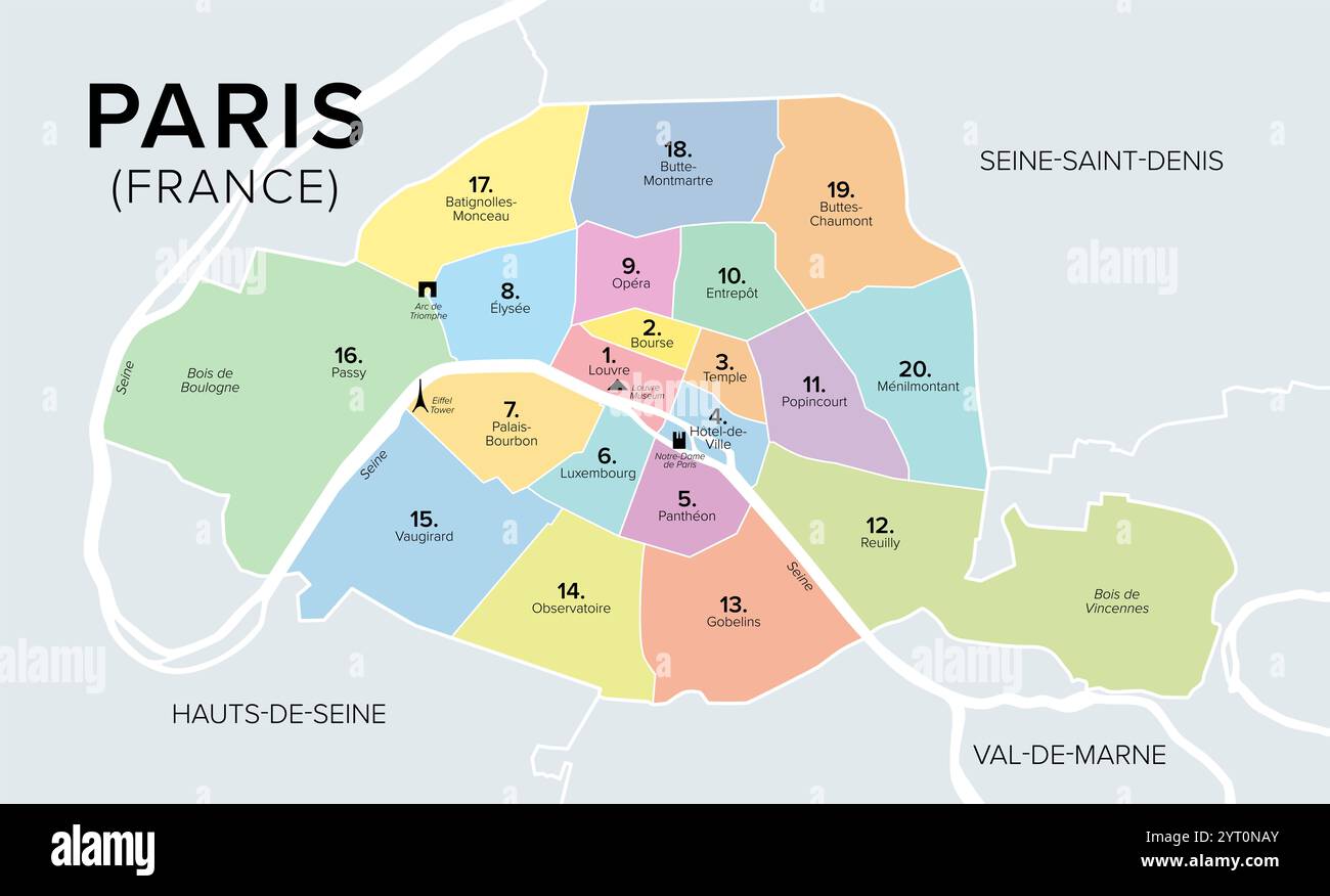 Arrondissements de Paris, capitale de la France, carte politique multicolore. Vingt arrondissements municipaux de Paris tournent dans le sens des aiguilles d'une montre vers l'extérieur. Banque D'Images