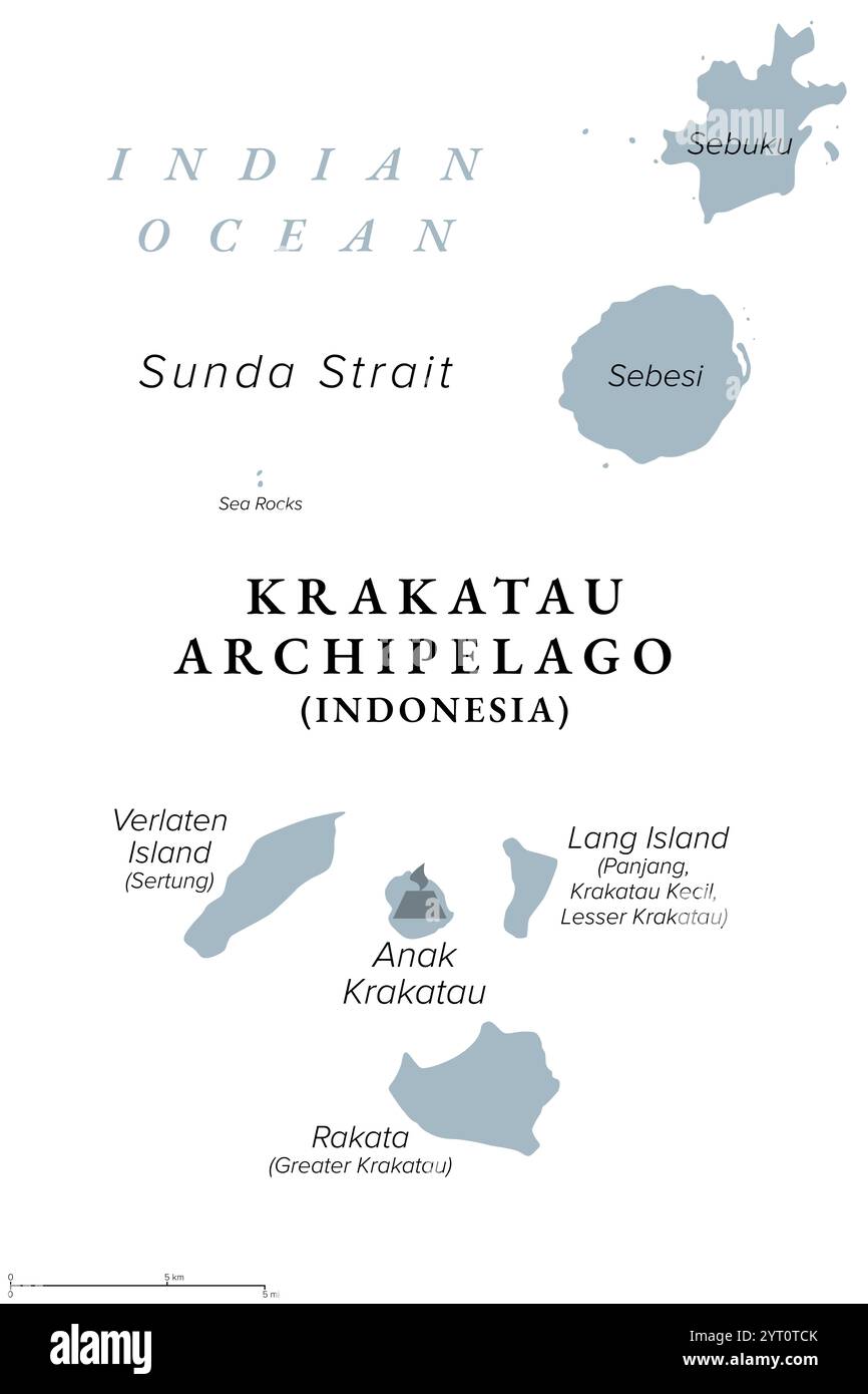 Archipel de Krakatau en Indonésie, carte politique grise. Quatre petites îles volcaniques inhabitées, formées par le stratovolcan Krakatau. Banque D'Images