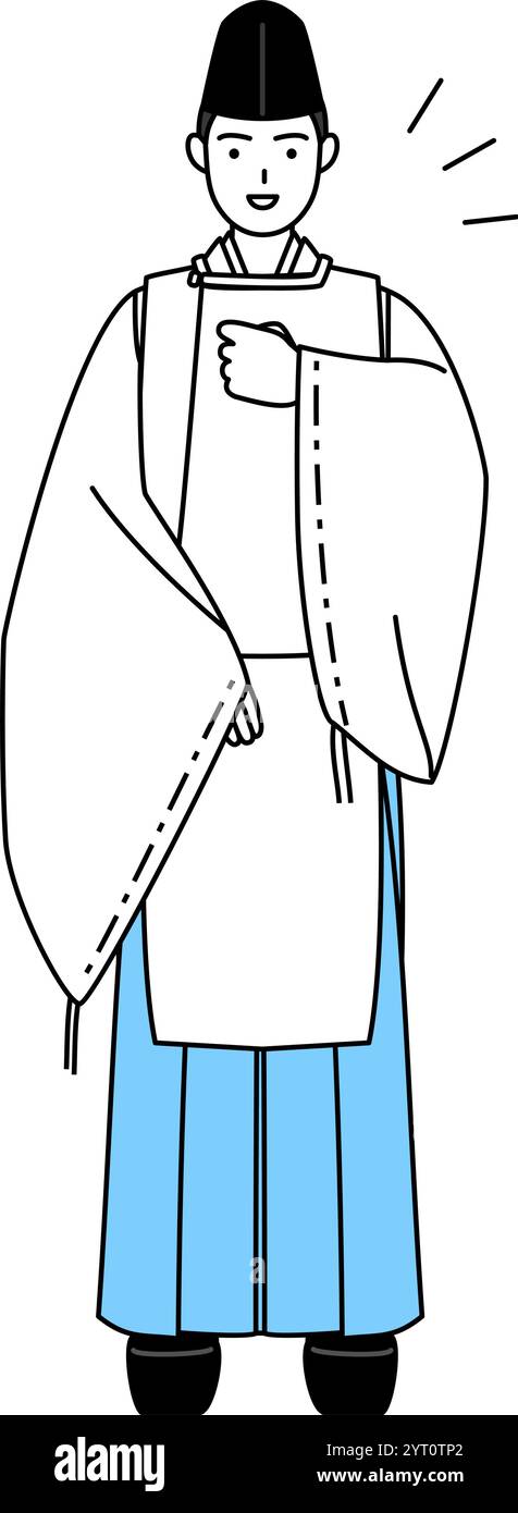 Prêtre du sanctuaire, portant un Eboshi et un Kariginu, tapant sa poitrine, illustration vectorielle Illustration de Vecteur