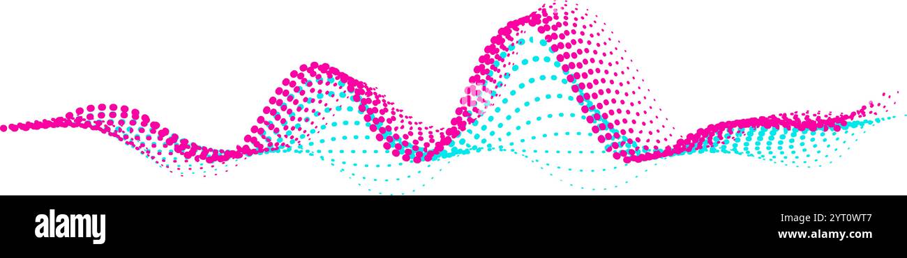 Des ondes sonores pointillées colorées circulent sur un fond blanc, illustrant un signal audio numérique vibrant avec des formes d'onde musicales dynamiques et un égaliseur Illustration de Vecteur