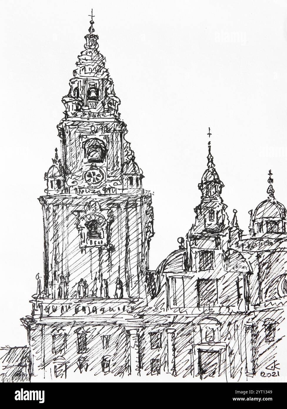 Dessin à l'encre peint à la main de Catedral de Santiago de Compostelle, Espagne Banque D'Images