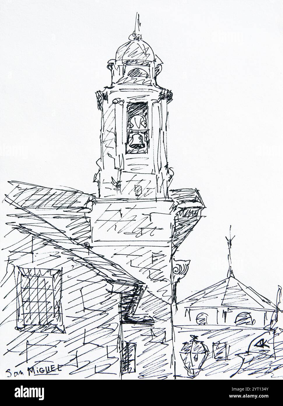Dessin à l'encre peint à la main de l'église San Miguel à Santiago de Compostelle, Espagne Banque D'Images
