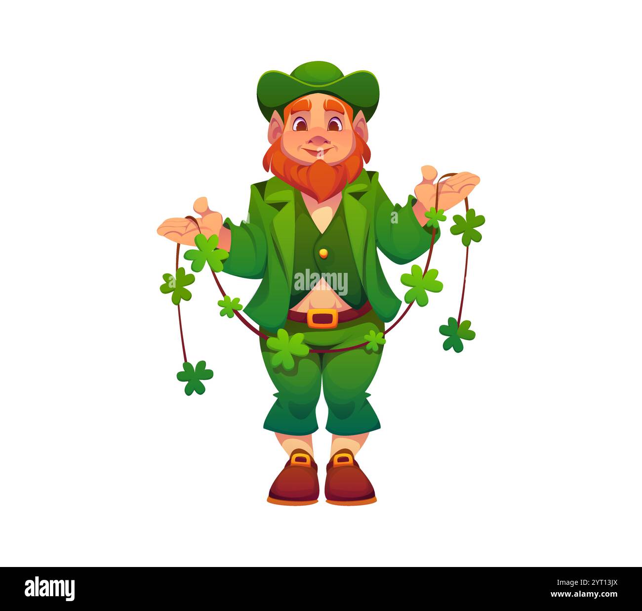 Personnage joyeux d'homme de leprechaun de dessin animé tenant une guirlande de trèfles, représentant le folklore et la culture irlandais traditionnels. Personnage isolé de St Patrick Day véhiculant chance, célébration ou fête Illustration de Vecteur