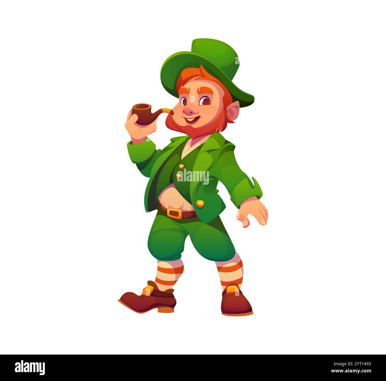 Personnage irlandais de leprechaun en costume vert traditionnel, tenant une pipe à fumer, incarne le folklore irlandais et les traditions de la Saint Patrick. Personnage folklorique elfe fantaisie vectorielle isolé Illustration de Vecteur