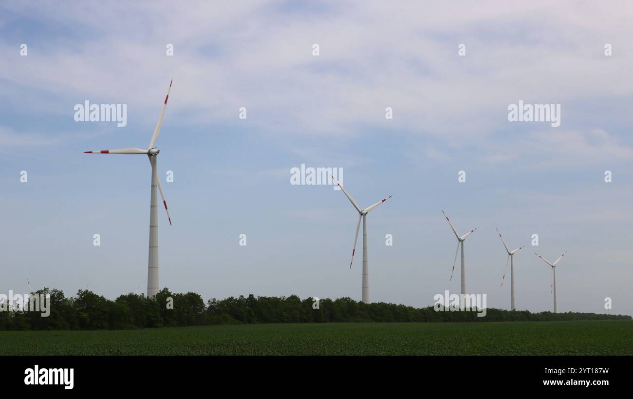 rangée d'éoliennes dans le champ vert avec sous-bois contre ciel nuageux, paysage technologique industriel dans la zone naturelle, moulins à vent Banque D'Images