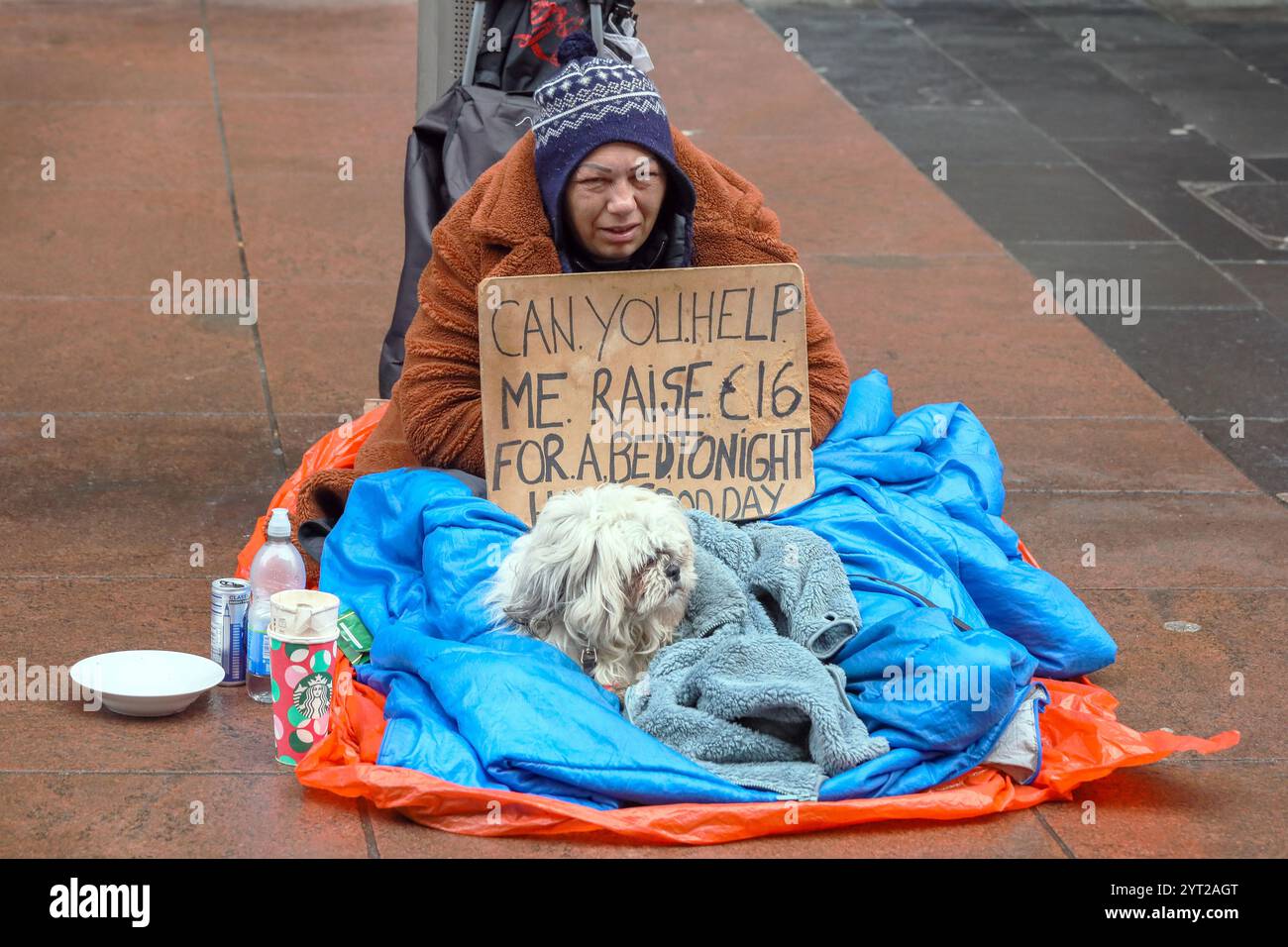 Mendiante de rue avec un petit chien blanc, assis dans Buchanan Street, Glasgow, Écosse, Royaume-Uni Banque D'Images