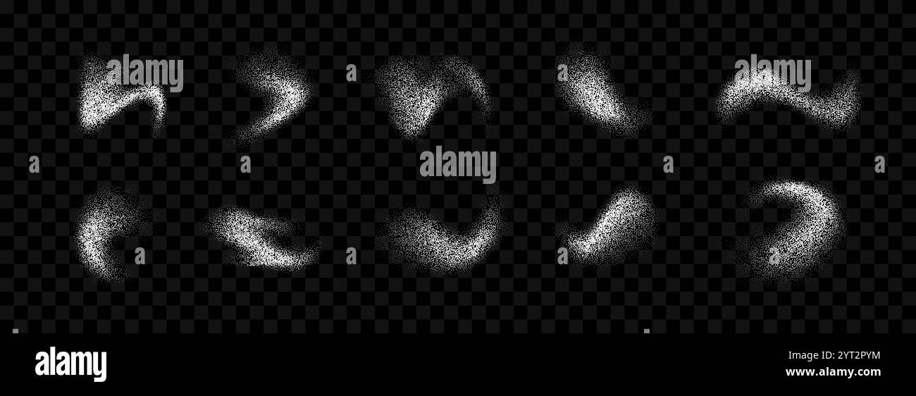 Collection éclaboussures de poudre blanche. Ensemble de texture de pulvérisation de grain grunge. Faisceau de taches de brosse incurvées en pointillés et tachées. Paquet de recouvrement par éclaboussures de bruit de sable. Formes abstraites à gradient de grain fluide pointillé. Vecteur Illustration de Vecteur
