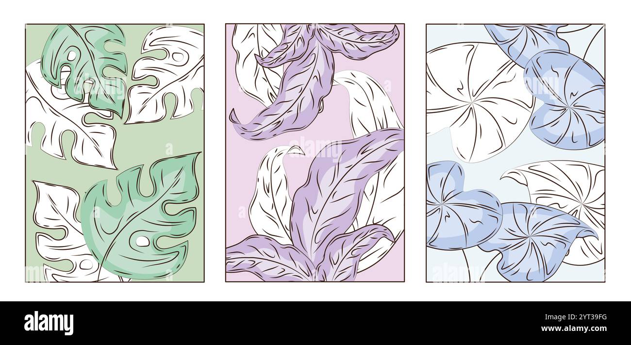 Affiches avec feuilles dessinées ensemble. Objet d'art minimaliste. Feuillage vert, bleu et violet. Printemps ou été. Esthétique et élégance. Vecteur linéaire Illustration de Vecteur