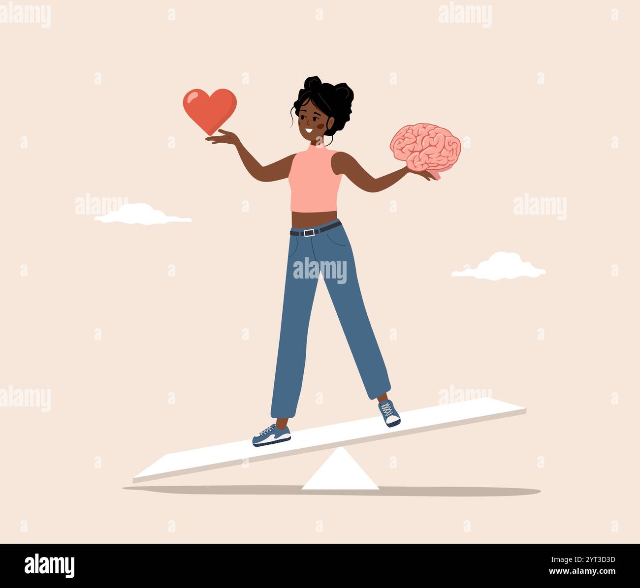 Équilibre cérébral et cardiaque. Concept d'intelligence émotionnelle. Personnage féminin africain trouver l'équilibre entre le cœur et le cerveau. Illustration vectorielle à plat Illustration de Vecteur