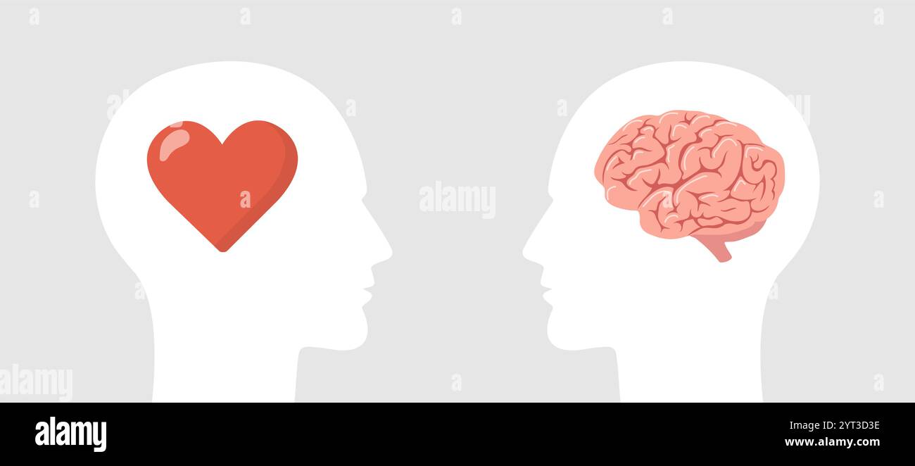 Cerveau vs cœur. Émotion et équilibre intellectuel. Deux têtes humaines avec un coeur et un cerveau. Concept de choix logique et ressenti. Illustration vectorielle dans le dessin animé Illustration de Vecteur