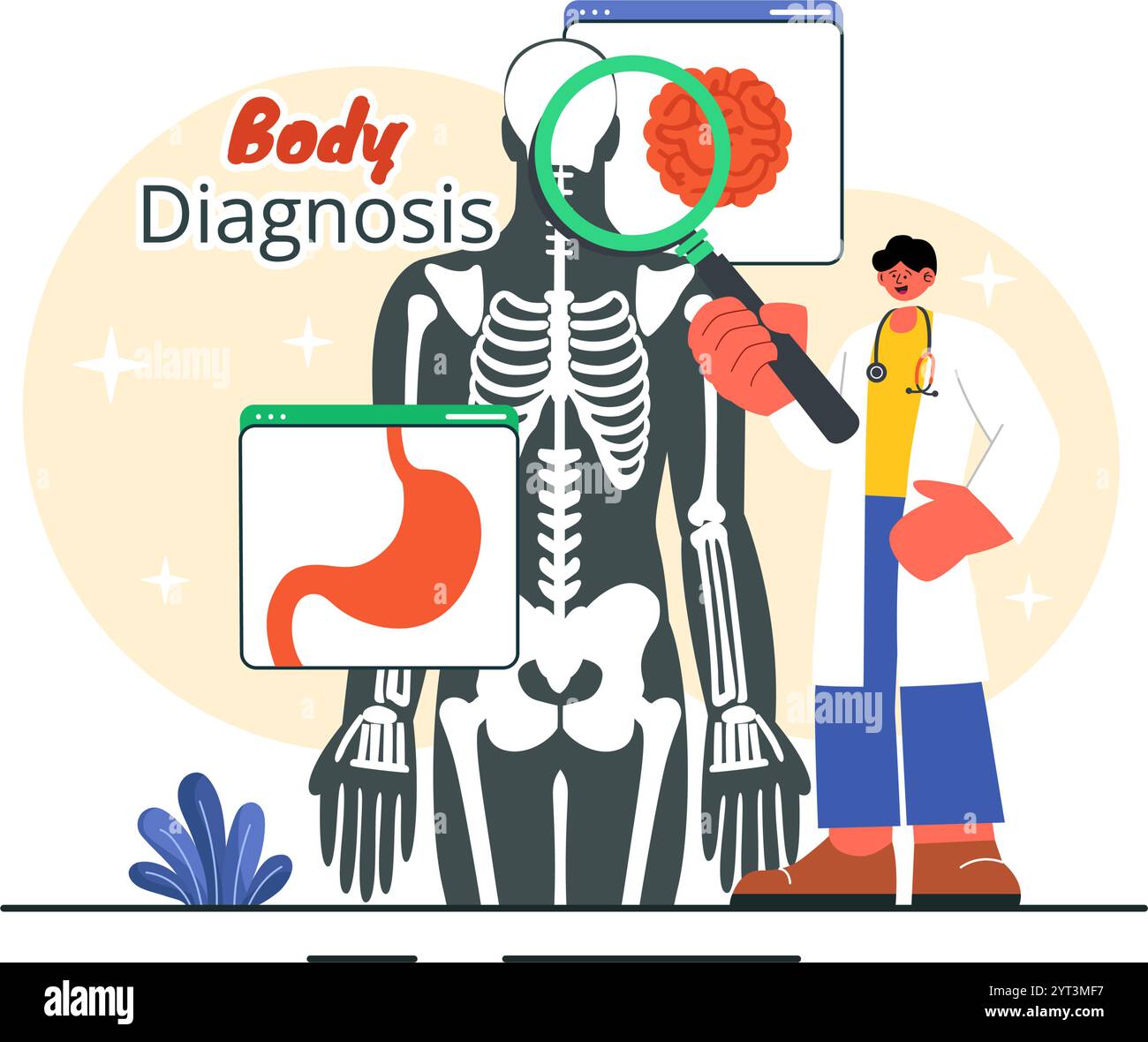 Illustration vectorielle de diagnostic corporel avec un appareil à rayons X et un scanner IRM examinant le corps humain pour la santé des organes et des articulations sur un fond plat Illustration de Vecteur