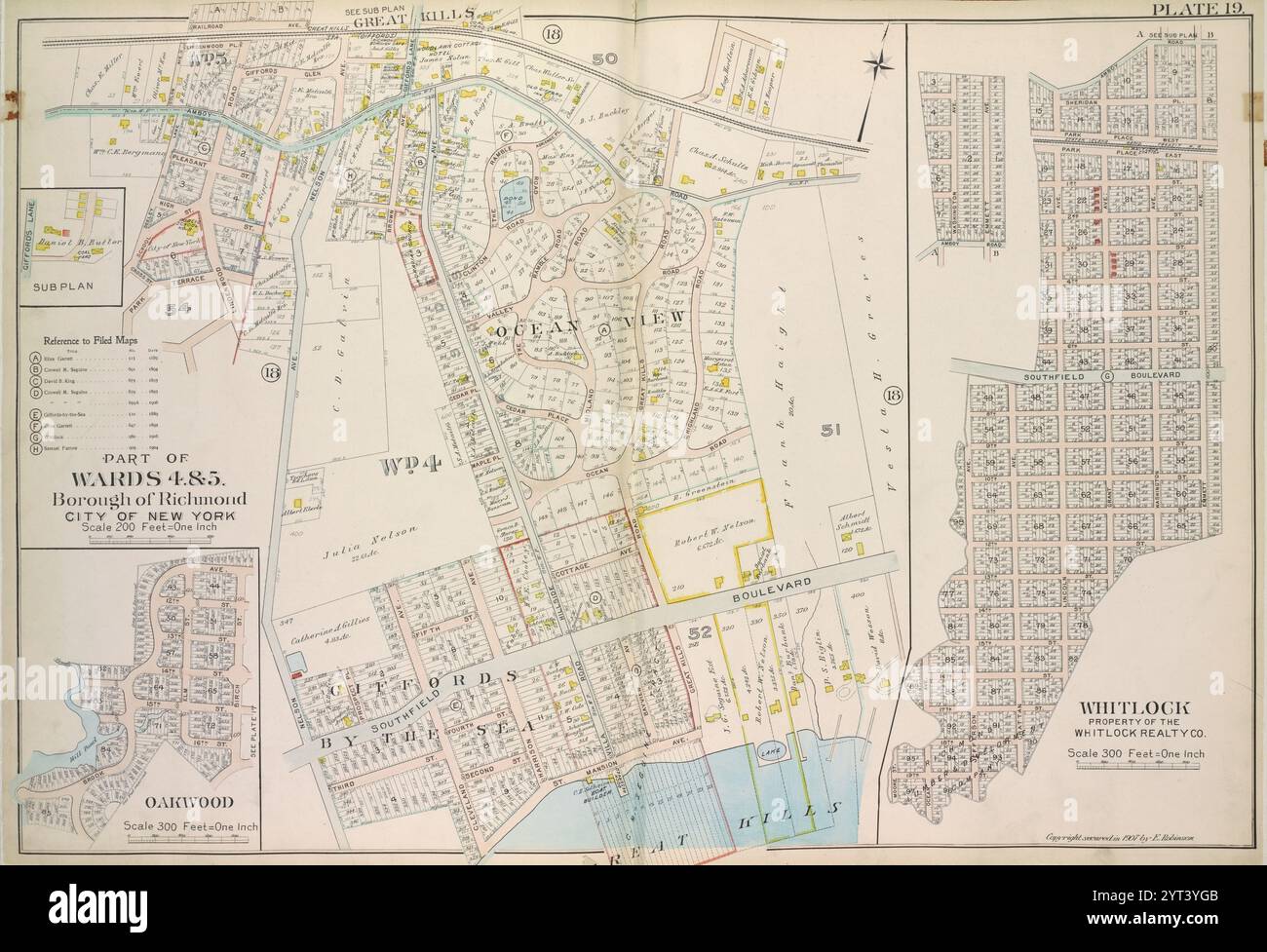 Planche 19, part of Wards 4 & 5 : [carte Bound by Railroad Ave, The Staten Island Railway Co., Great Kills Road, Amboy Road, Southfield Boulevard, St, Mansion Ave, Cleveland Ave, Nelson Ave, Lindenwood Road, Park Terrace, Seeley Lane, avenue Colon ; sous-plan - Giffords ; Oakwood - avenue Brook, rue Birch, 16th St, Mild Pond ; propriété Whitlock de Whitlock Realty Co. - chemin Amboy, avenue Emmett, 12th St, avenue Lincoln, 16th St, Crattan Ave, 18th St, Ocean Ave, Moore St, Washington Ave] 1907 par Robinson, E. (Elisha) Banque D'Images