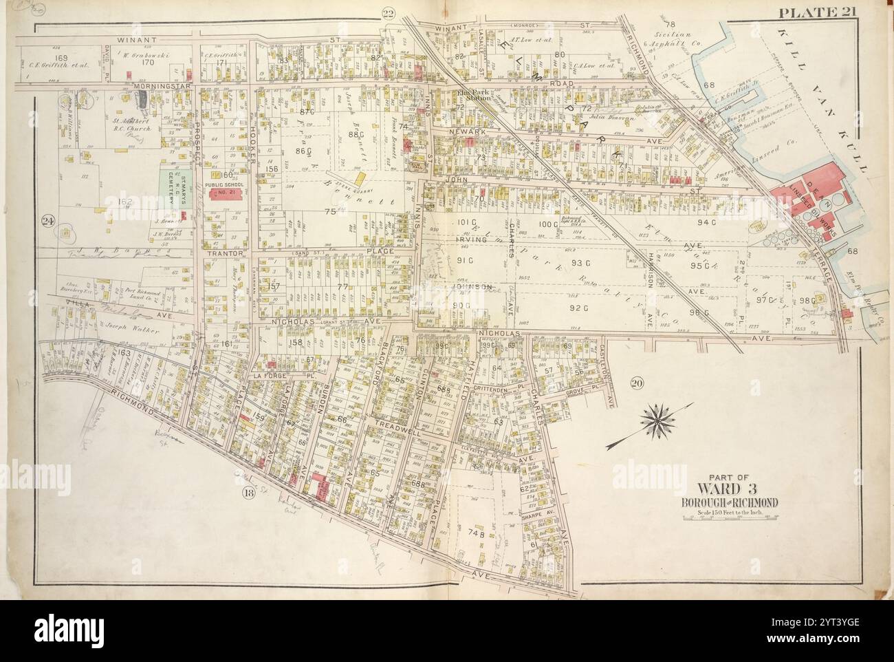 Planche 21, part of Ward 3 [carte délimitée par Winant St (Monroe), Richmond Terrace, Pierhead & Bulkhead Line, Nicholas Ave, Castleton Ave (Hatfield), Grove PL (Woodland PL), Charles Ave, Richmond Ave, Prospect St, Morningstar Road, David PL] 1917 par Bromley, George Washington Banque D'Images