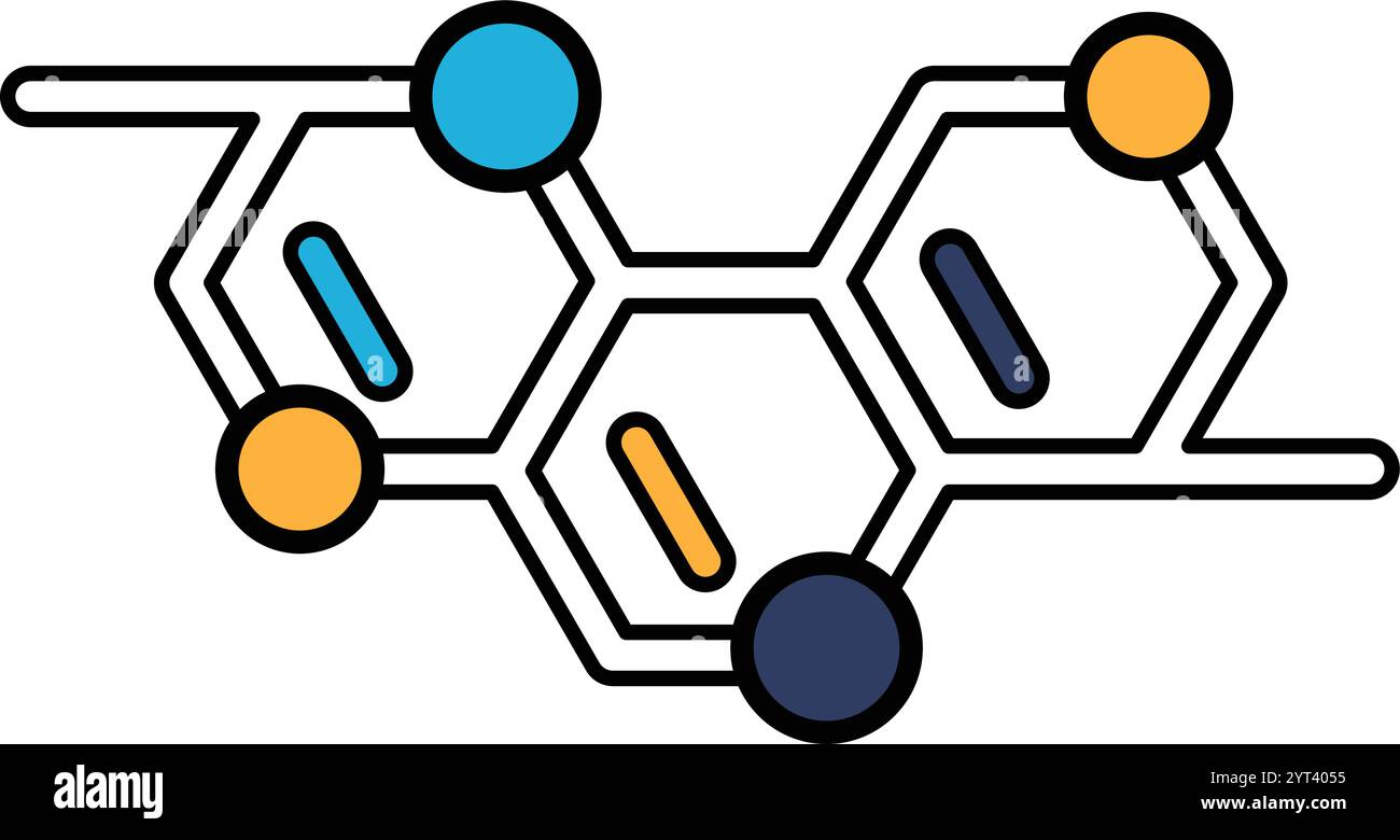 Un dessin d'une molécule avec quatre boules de couleurs différentes. Les boules sont de différentes tailles et sont disposées selon un motif hexagonal. Concept de comple Illustration de Vecteur