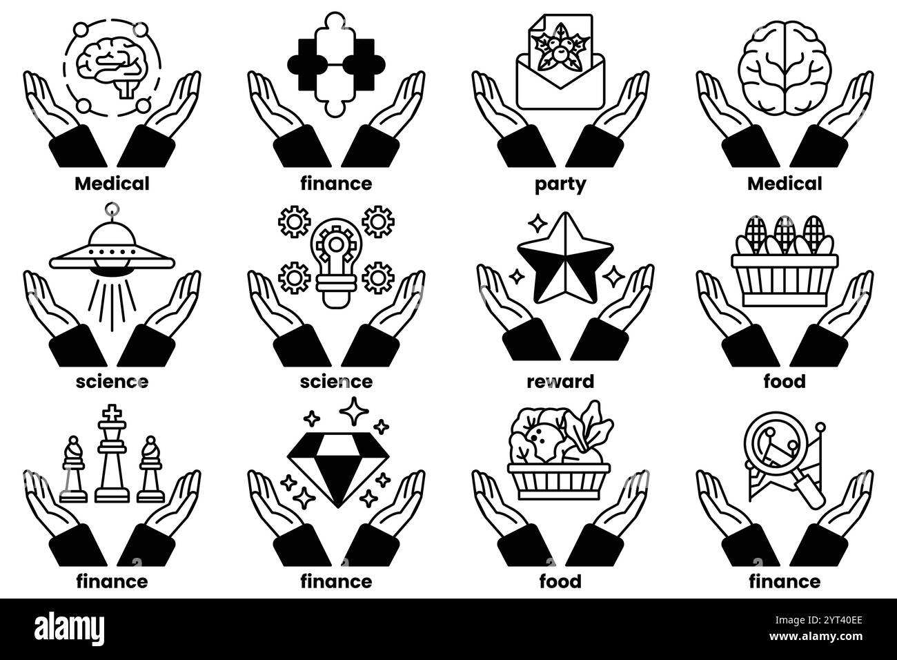 Ensemble d'illustrations dans le concept de mains humaines tenant des choses dans le style de dessin de ligne Illustration de Vecteur