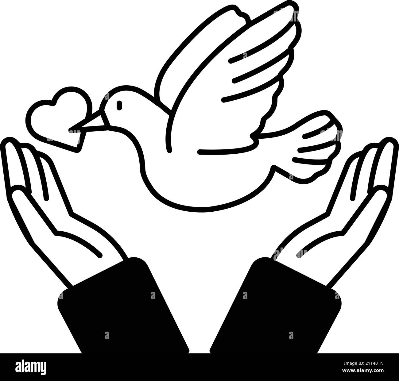 Un oiseau avec un cœur dans son bec est tenu par deux mains Illustration de Vecteur