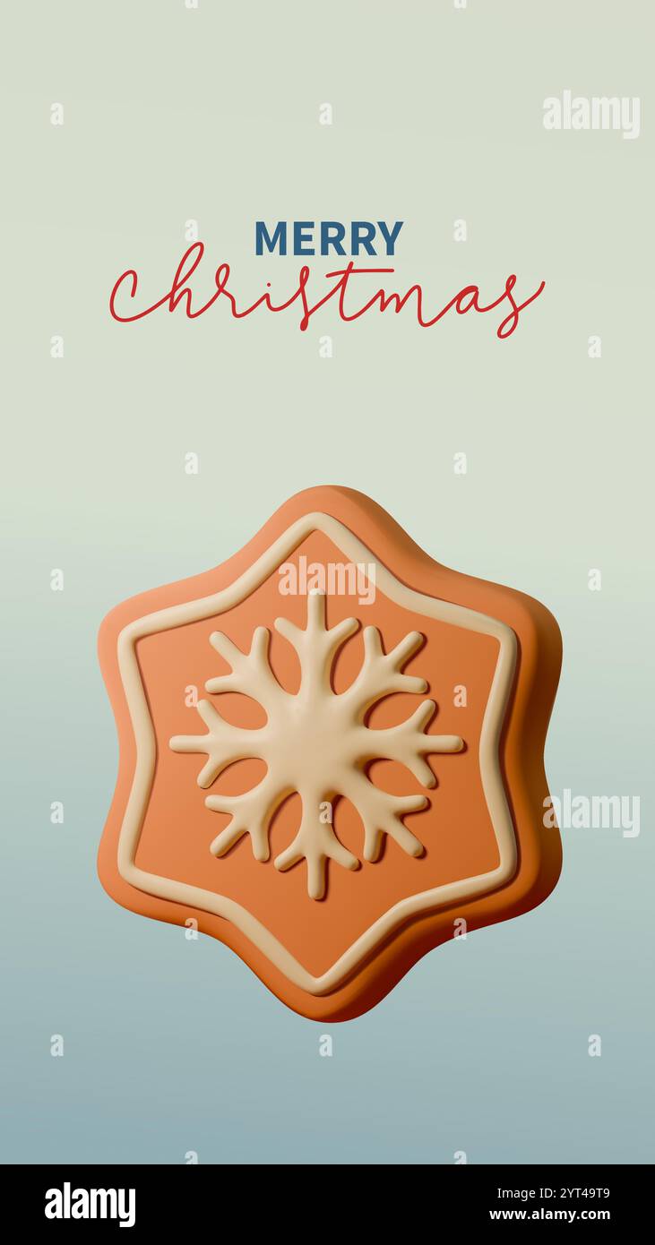 illustration verticale 3d joyeuse et moderne avec un biscuit en forme de flocon de neige sur un fond dégradé doux. Avec le texte Joyeux Noël en élégant Illustration de Vecteur