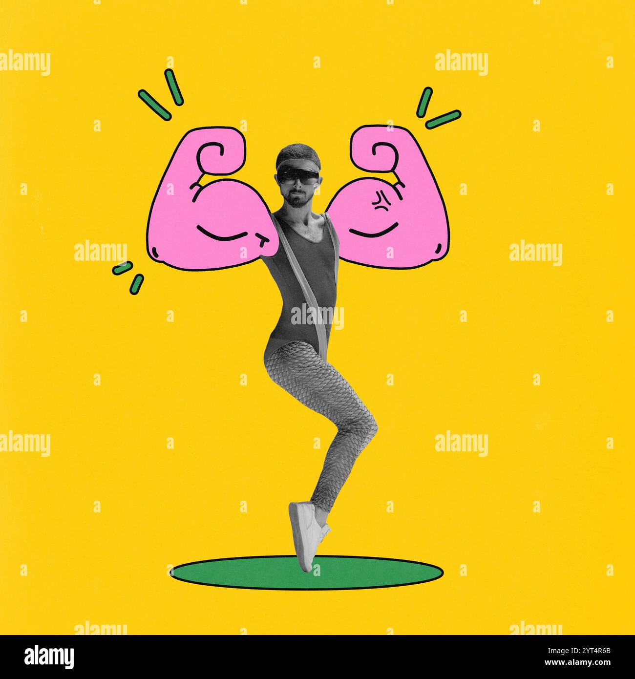 Illustration amusante et originale de la pose frappante de l'homme avec des muscles de bande dessinée rose surdimensionnés, sur fond jaune vif. Collage d'art contemporain. Banque D'Images
