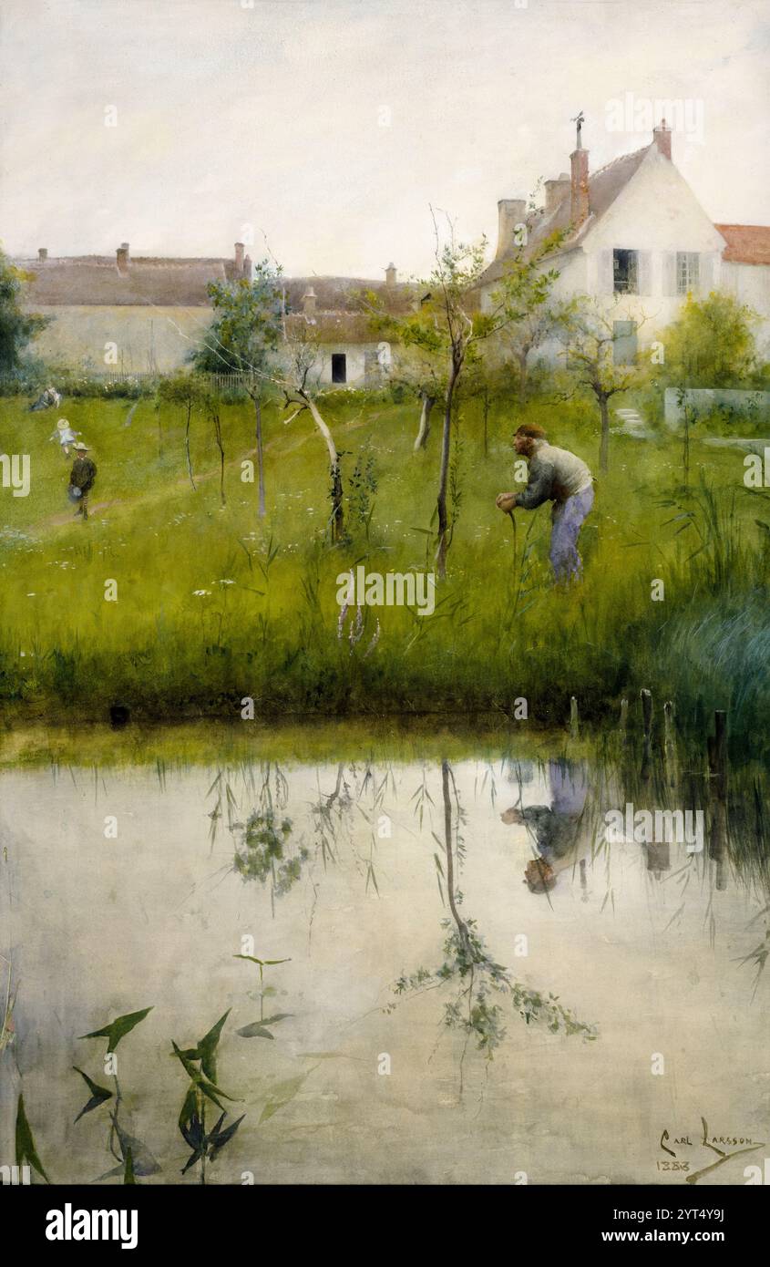 Carl Larsson, le vieil homme et le jardin de la pépinière, aquarelle, 1883 Banque D'Images