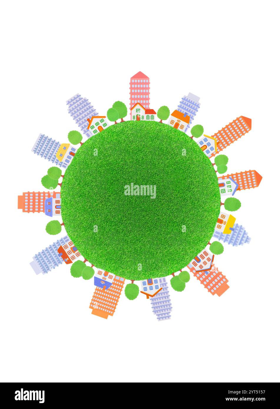 Sphère de pelouse avec rangée de maisons et de bâtiments Banque D'Images