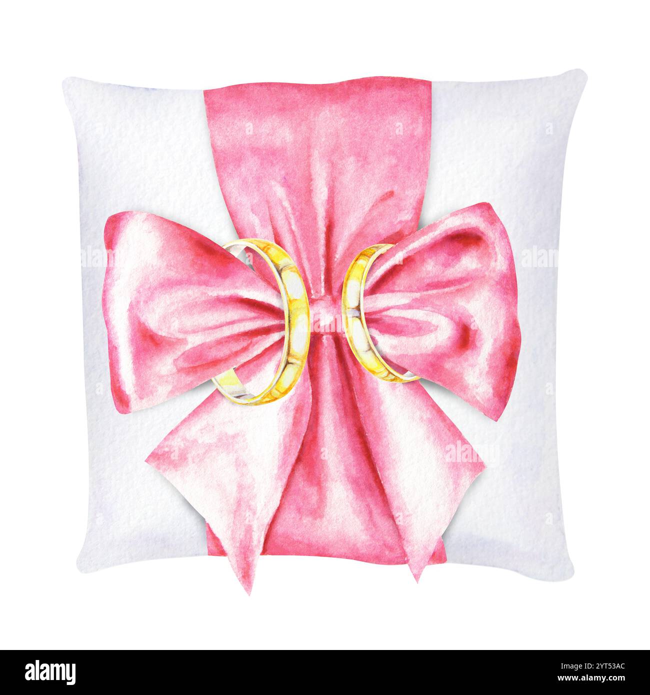 Illustration isolée à l'aquarelle de deux anneaux de mariage dorés placés sur un oreiller blanc orné d'un noeud en satin rose. Parfait pour les invitations de mariage Banque D'Images