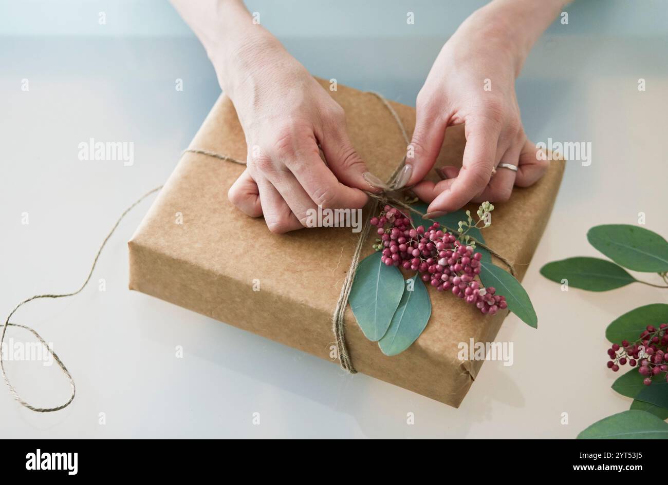 Main de femme enveloppant un cadeau Banque D'Images