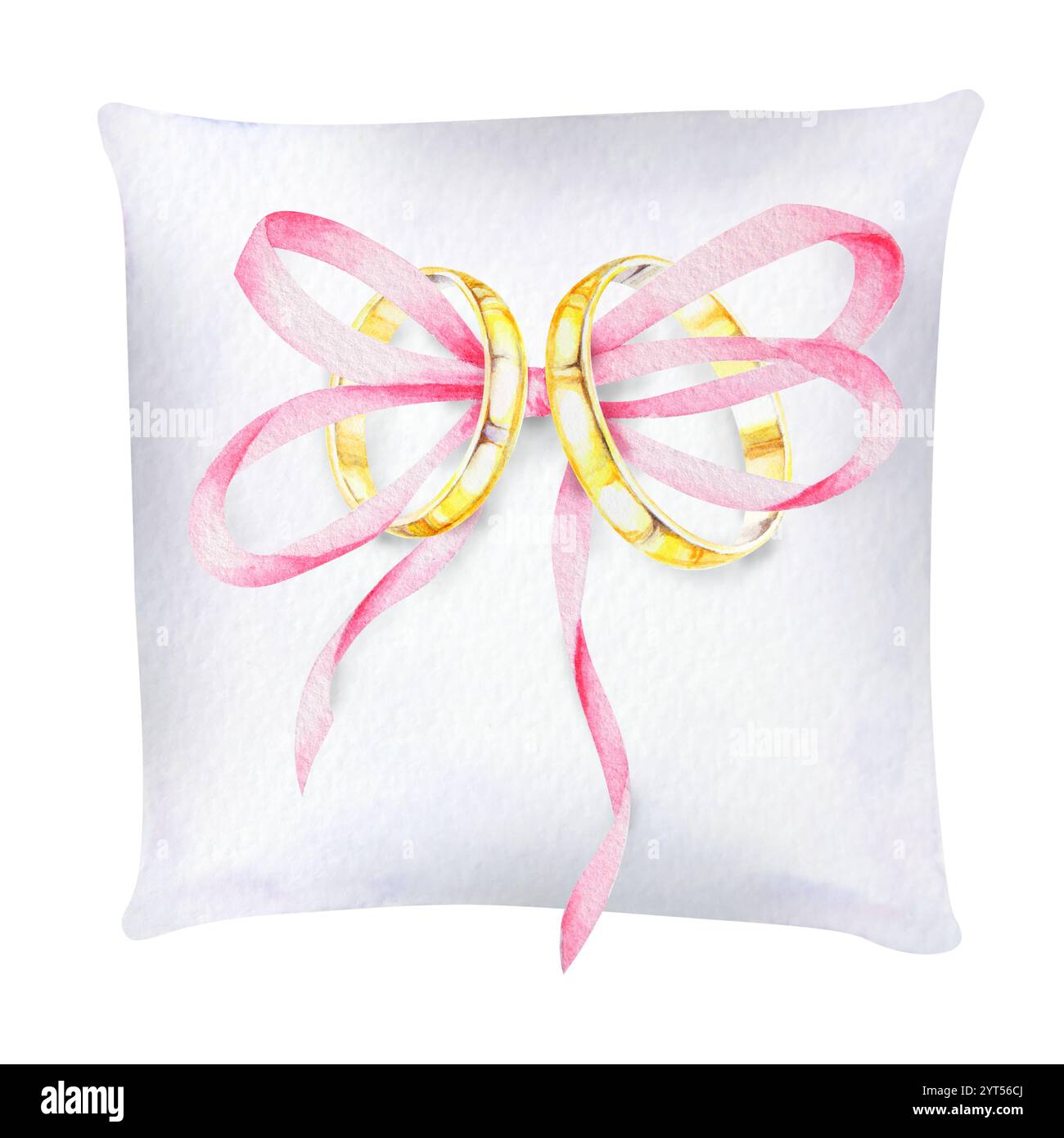 Illustration aquarelle d'un oreiller de bague de mariage avec un arc rose vibrant et deux bandes de mariage dorées. Ce design élégant est parfait pour le mariage Banque D'Images