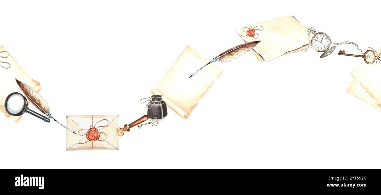 Ustensiles d'écriture. Bordure ondulée sans couture. Papier parchemin et enveloppe, plume et encrier, sceau de cire. Illustration aquarelle dessinée à la main isoler Banque D'Images