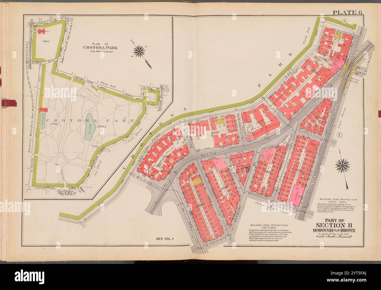 Plaque à double page no 6, partie de la section 11, arrondissement du Bronx : [plan du parc Crotona ; carte délimitée par le parc Crotona est, Southern Boulevard, E. 172e Rue, Seabury place, E. 170e Rue et Wilkins Avenue] 1938 - 1957 Banque D'Images