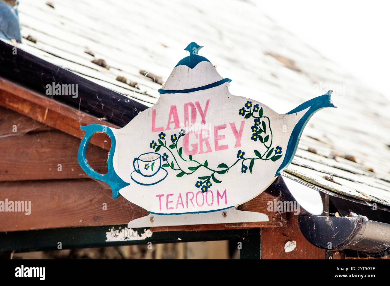 Signez pour Lady Grey Tearoom dans la cour de la grange, Wendover, Buckinghamshire, Angleterre Banque D'Images