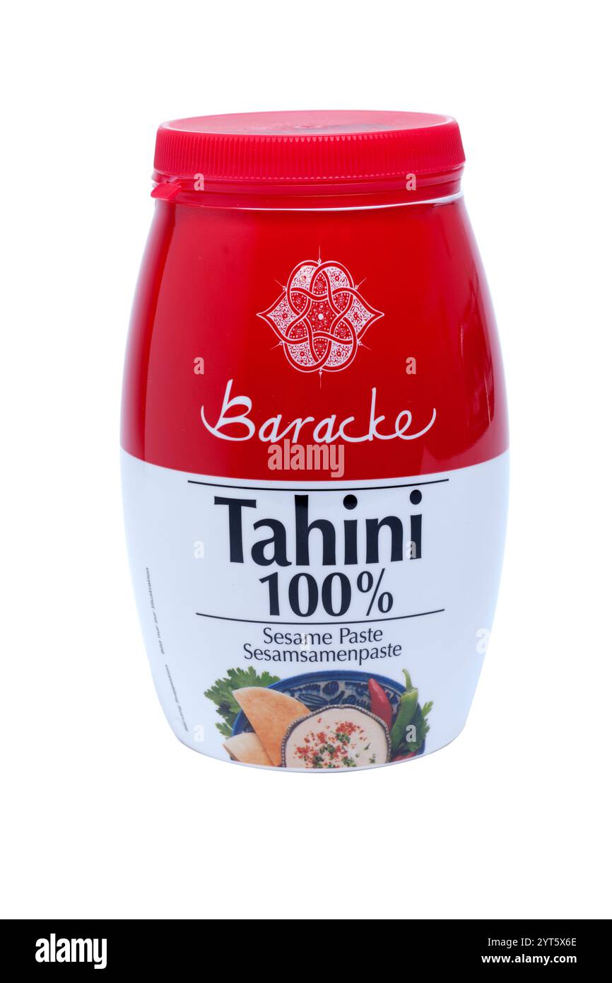 Récipient en plastique de Baracke 100% Tahini pâte de sésame découpé Banque D'Images