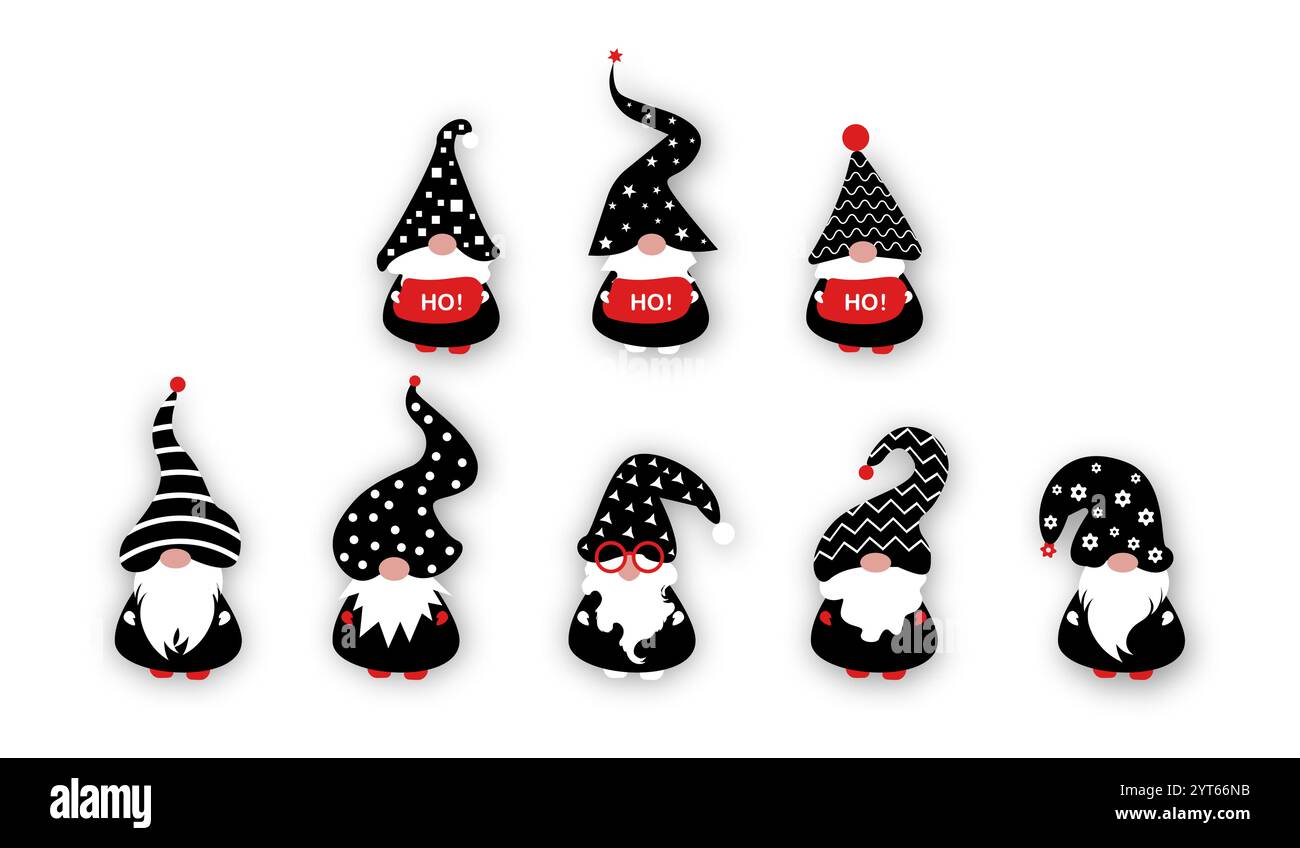 Noël festif, set scandinave nordique gnome, Noël mignon Santa Gnomes, Ho Ho Ho Elf. Clipart vectoriel isolé pour la conception d'éléments de Noël de carte Illustration de Vecteur