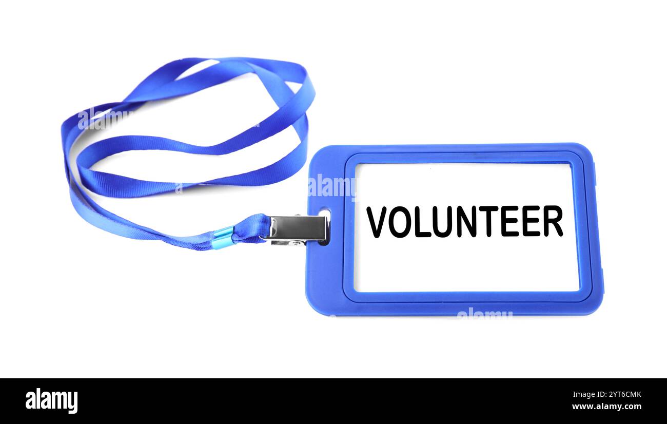 Badge avec le mot Volunteer isolé sur blanc Banque D'Images