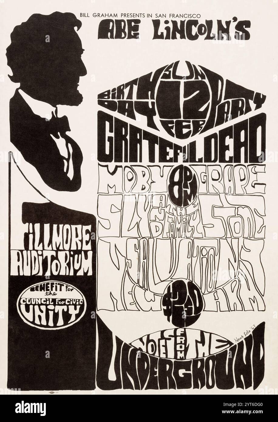 ABE Lincoln, Grateful Dead, Sly & Family Stone, Moby Grape, Salvation New Army 1967 Fillmore Auditorium, Benefit concert Poster Banque D'Images