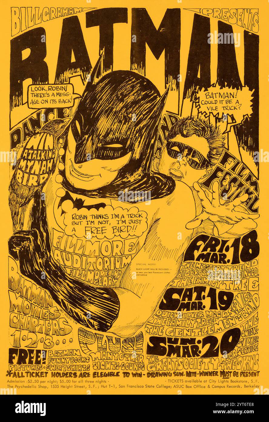 Festival de danse et de film - Big Brother, The Family Tree, Quicksilver Messenger Service, Great Society, Janis Joplin (Big Brother et The Holding Company) 1966 – Batman et Robin – affiche de concert de l'Auditorium Fillmore - Wes Wilson Banque D'Images