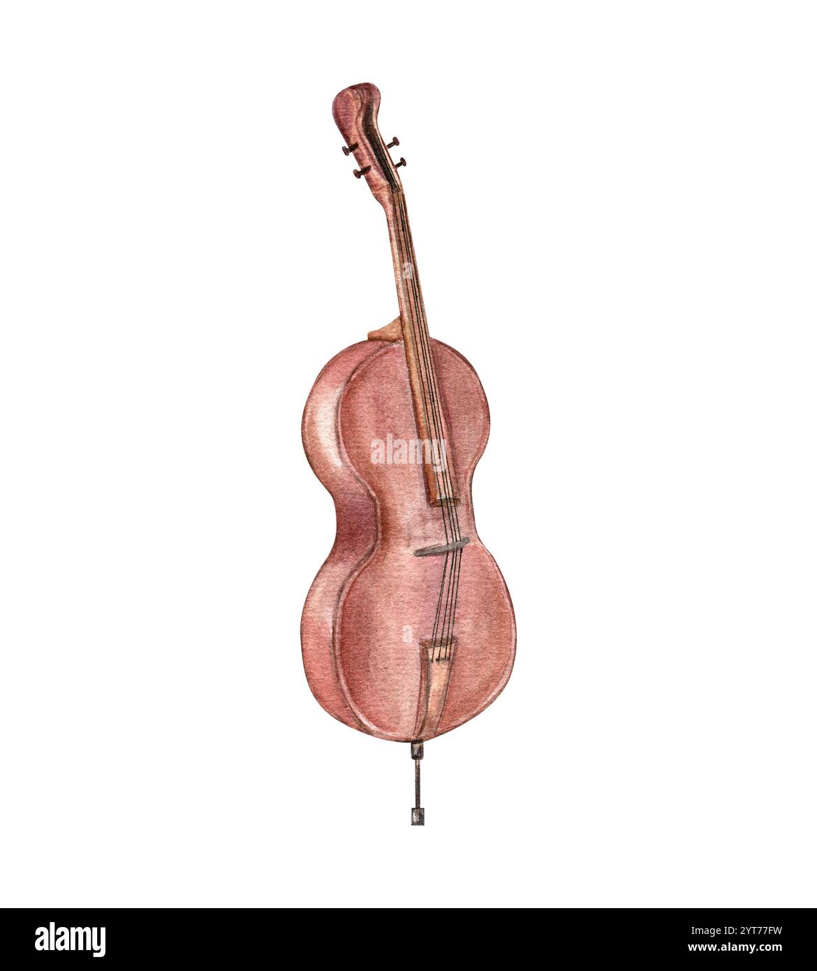 Aquarelle contrebasse marron en bois avec cordes et illustration de stand arrière-plan isolé. Instrument de musique classique de contrebasse arqué. Élément Banque D'Images