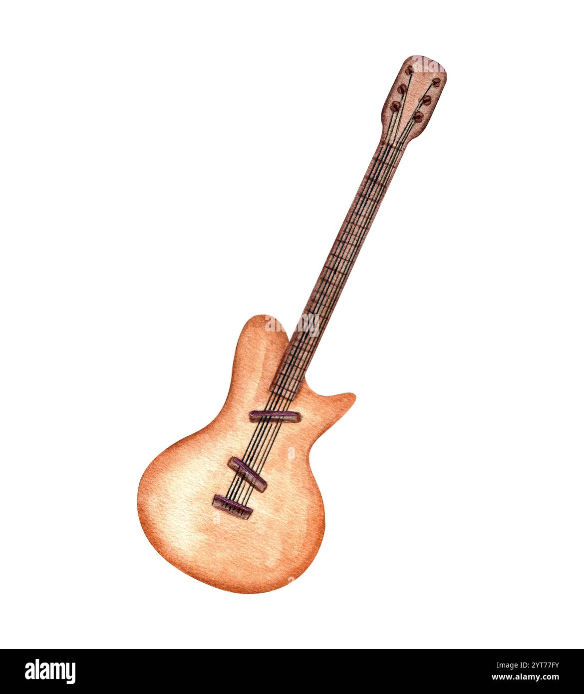 Instrument de musique à cordes marron aquarelle, illustration de guitare électrique fond isolé. Clip guitare à six cordes Elément pour musique Banque D'Images