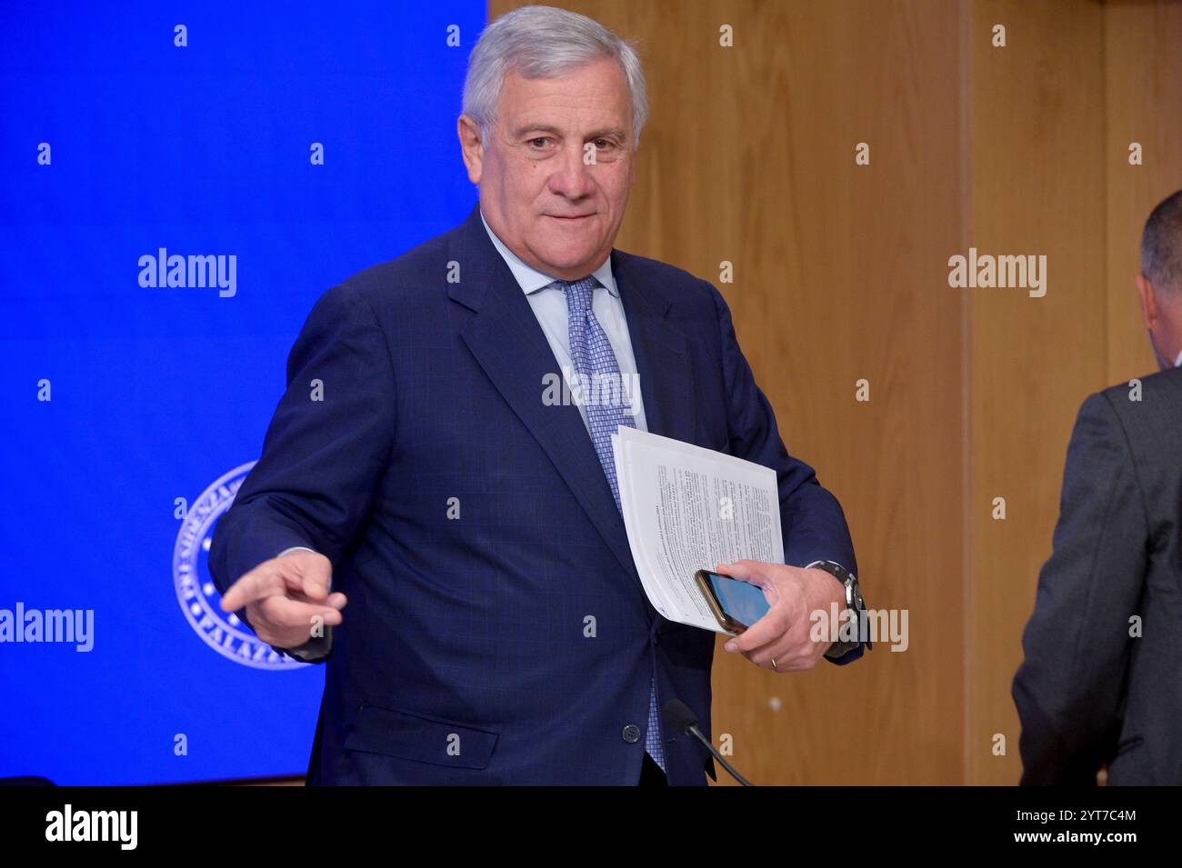 Italie, Rome, 2 octobre 2024 : Antonio Tajani, vice-président du Conseil et ministre des Affaires étrangères, participe à la conférence de presse à l'issue du Conseil des ministres. Photo © Stefano Carofei/Sintesi/Alamy Stock photo Banque D'Images