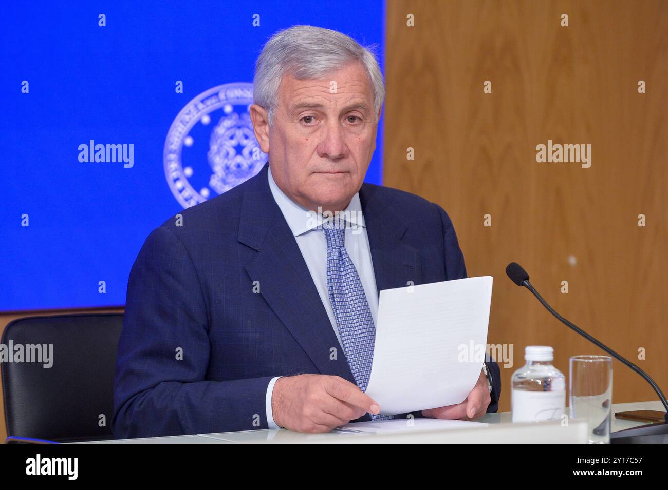 Italie, Rome, 2 octobre 2024 : Antonio Tajani, vice-président du Conseil et ministre des Affaires étrangères, participe à la conférence de presse à l'issue du Conseil des ministres. Photo © Stefano Carofei/Sintesi/Alamy Stock photo Banque D'Images