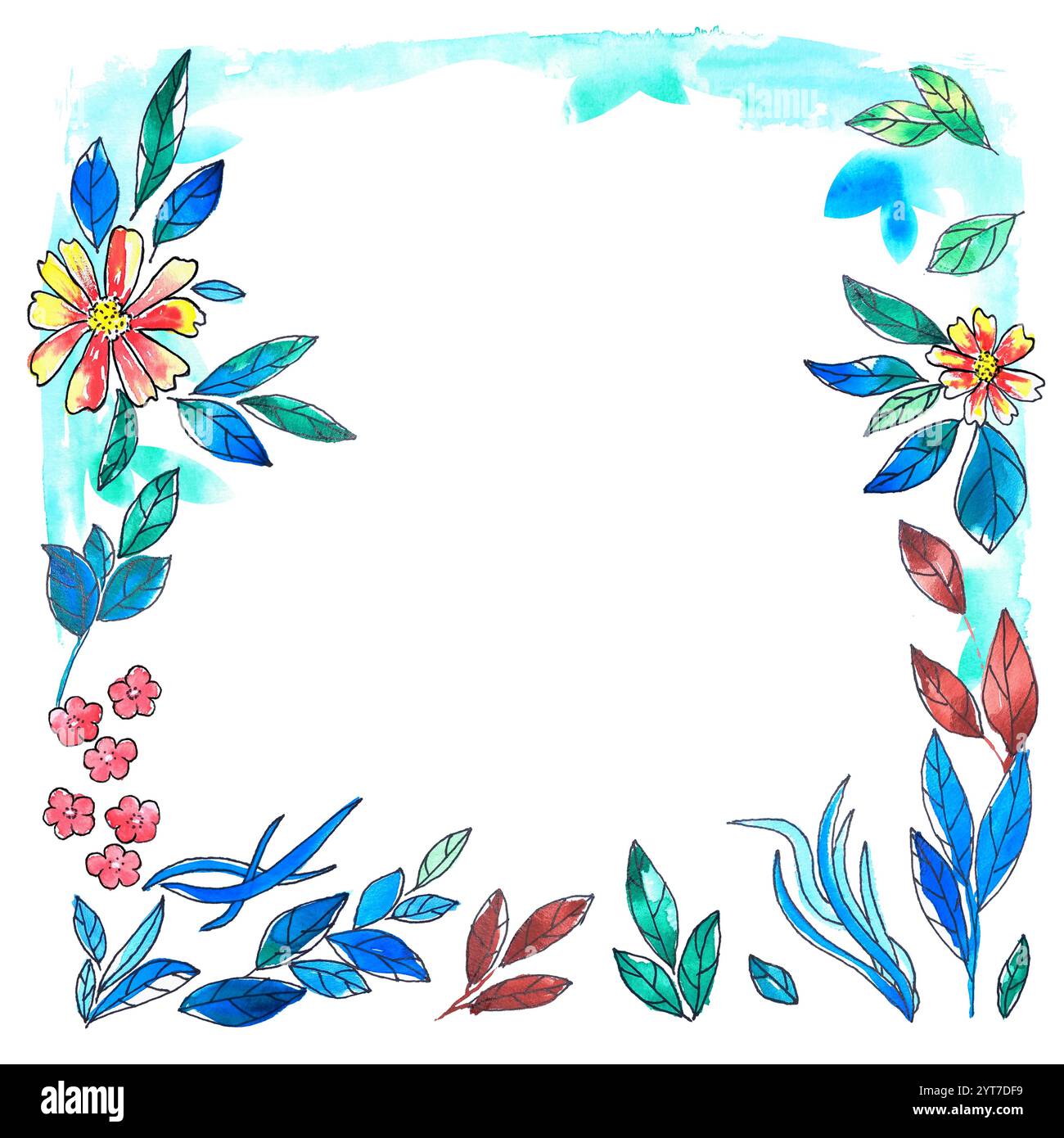 Cadre floral aquarelle créant une bordure vibrante avec des fleurs et des feuilles colorées Banque D'Images