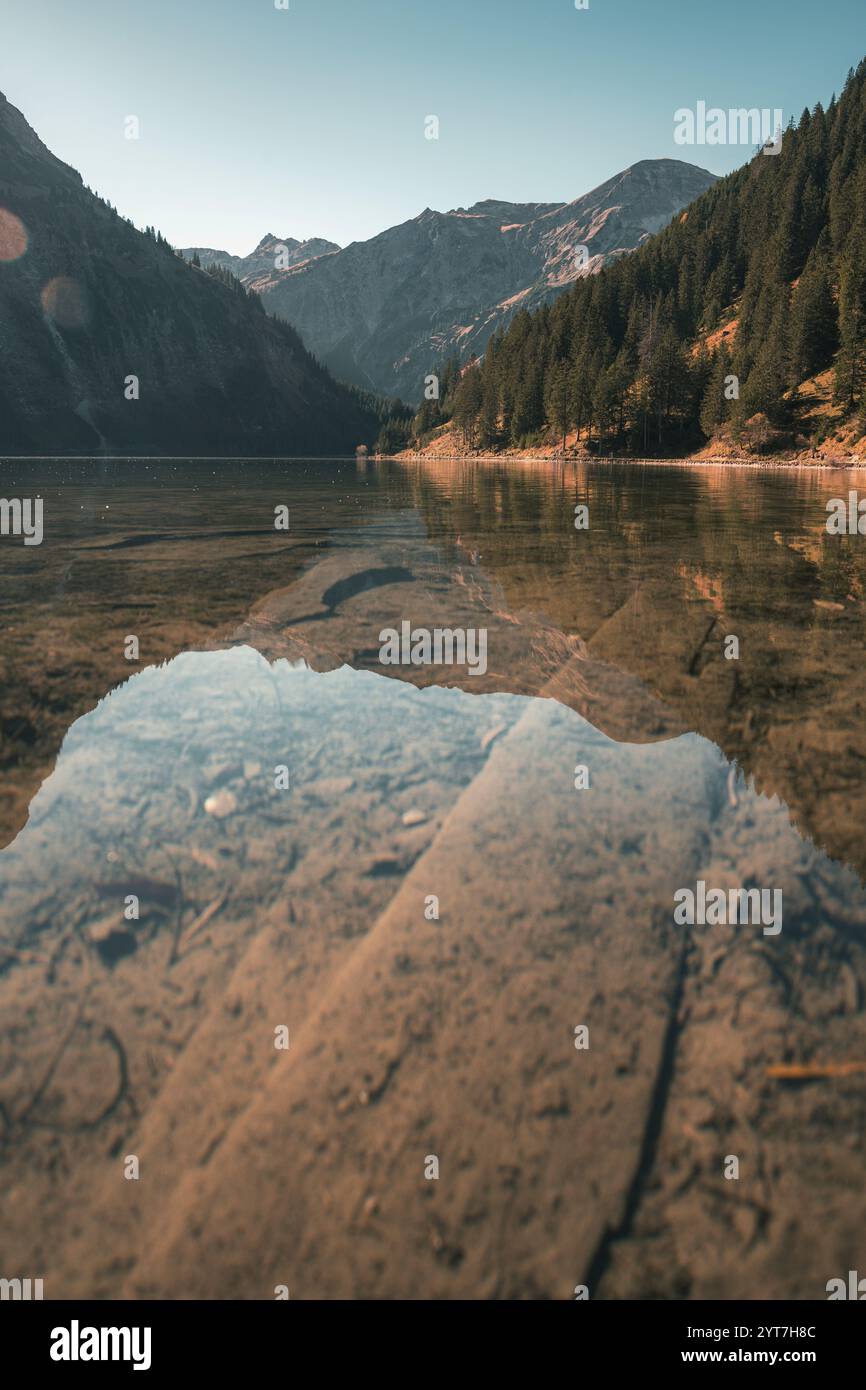 Vue sur le lac de Vilsalpsee, reflétant la forêt environnante et les montagnes des Alpes de Allgäu. Atmosphère automnale à cette destination d'excursion populaire avec un ciel bleu et une vue dégagée jusqu'au fond du lac. Banque D'Images