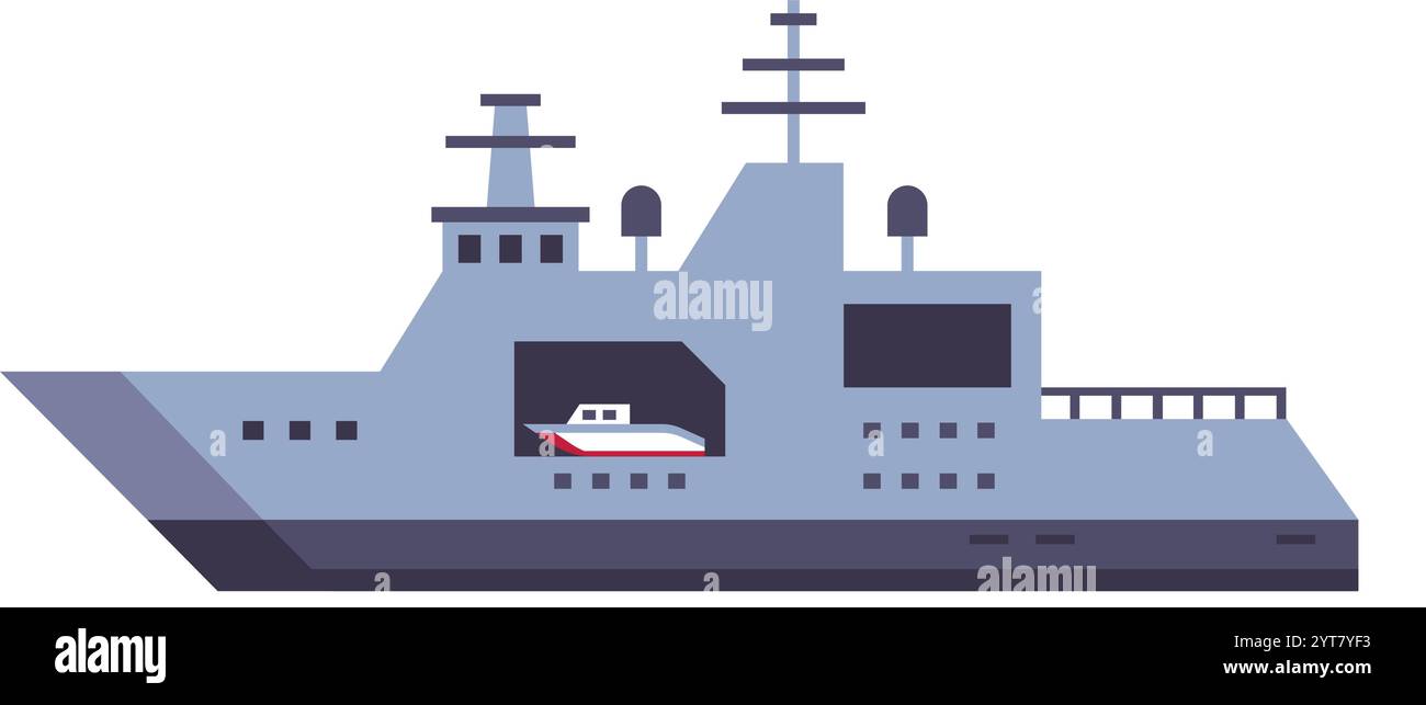 Navire de guerre moderne abritant un bateau plus petit dans sa coque, représentant la puissance navale, améliorant la sécurité maritime et démontrant une stratégie avancée Illustration de Vecteur