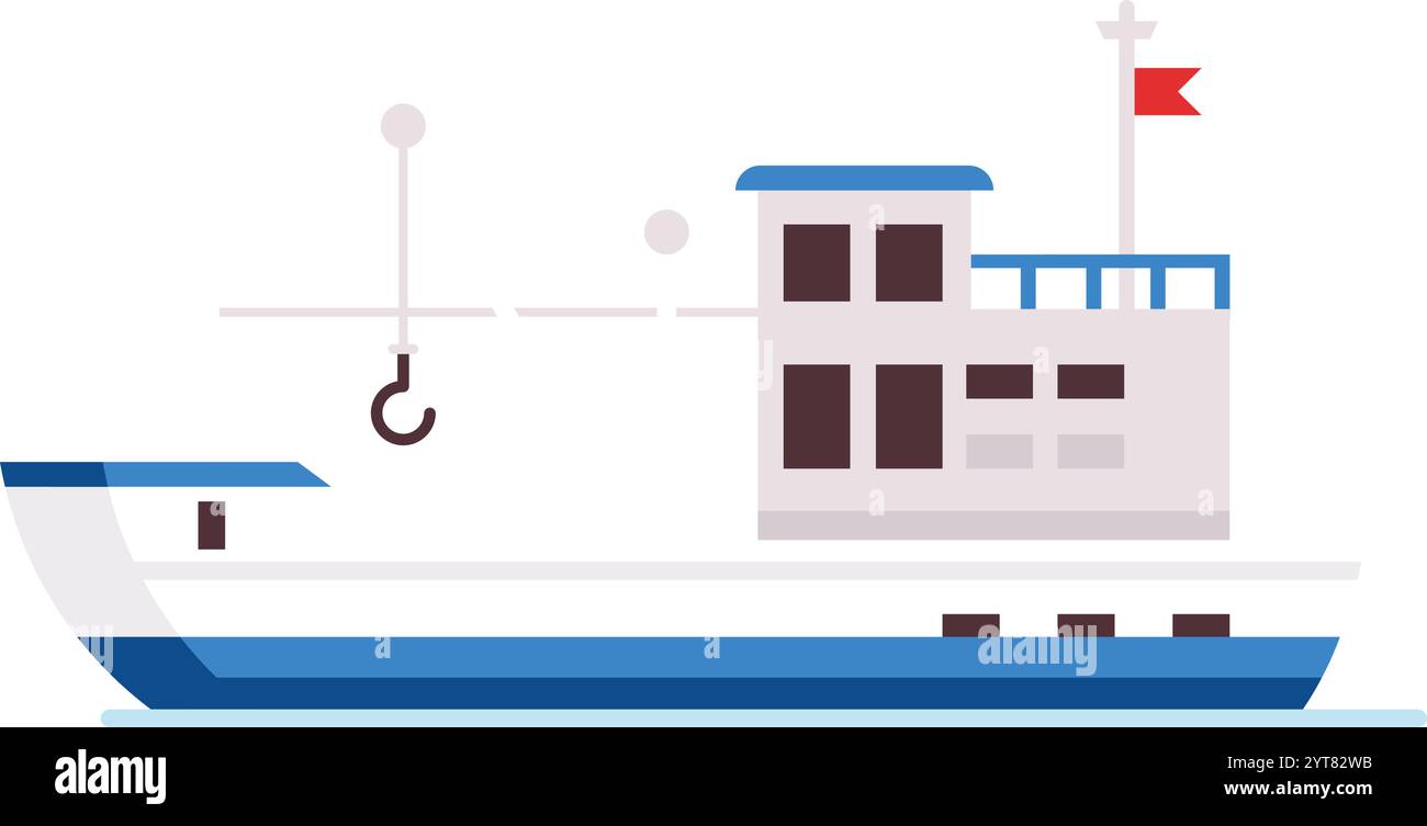 Bateau de pêche flottant sur l'eau avec grue et drapeau rouge, avec un design minimaliste avec des couleurs bleu et blanc, idéal pour l'industrie maritime Illustration de Vecteur