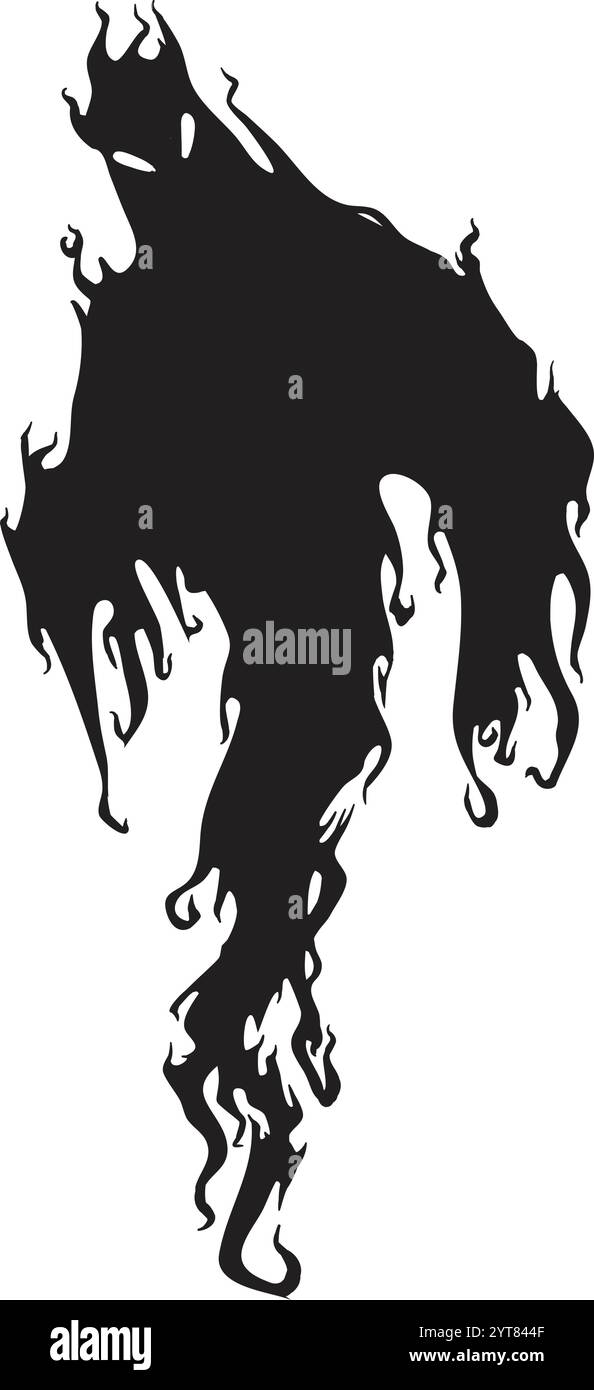 Figurine à l'encre noire formant un fantôme avec des bords flammés flottant sur un fond blanc, créant une atmosphère sinistre et mystérieuse, adaptée à halloween Illustration de Vecteur
