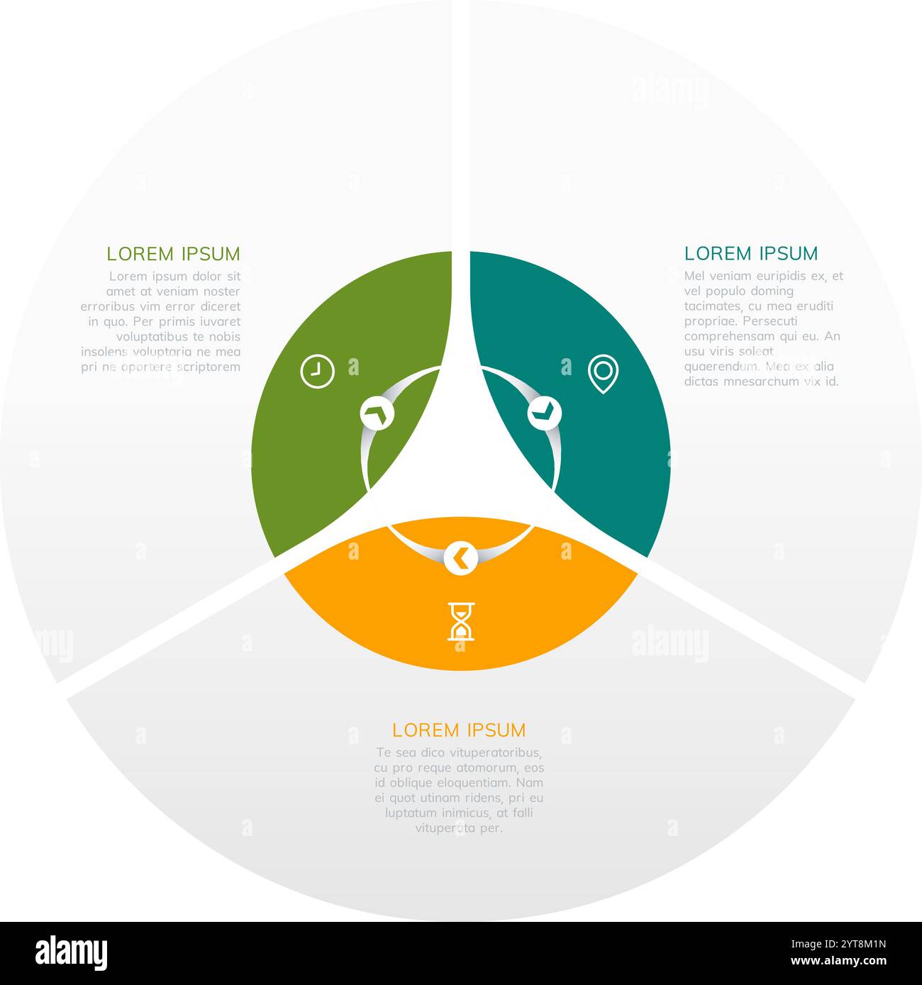 Conception infographique circulaire moderne divisée en trois sections avec des icônes et du texte de substitution. Idéal pour l'entreprise, le marketing ou la visualisation de données Illustration de Vecteur