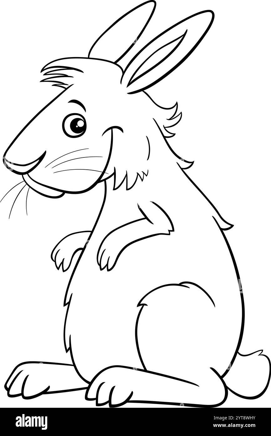 Illustration de bande dessinée du personnage drôle d'animal de lapin miniature poilu debout page de coloriage Illustration de Vecteur